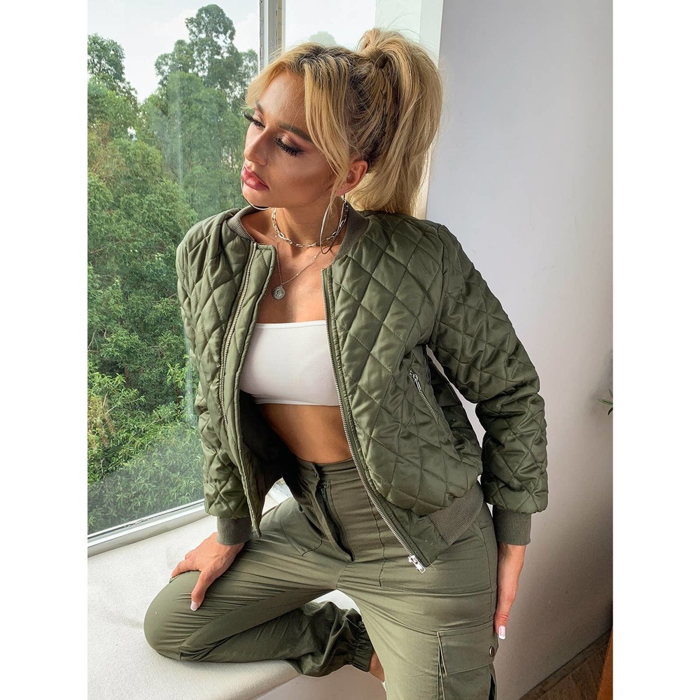 Glam Zip Up Quilted Bomber Jacket olive green - Picture 1 of 8
